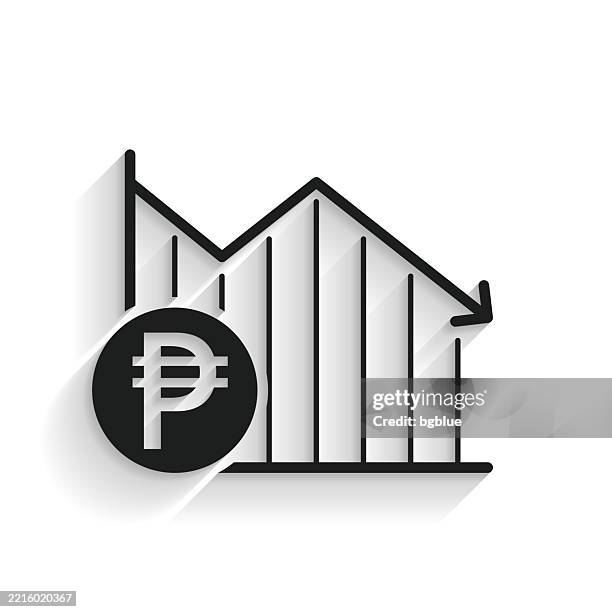 declining graph with peso coin. icon with long shadow on white background - down 3d graph stock illustrations