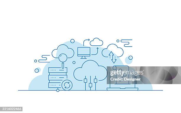 cloud computing related vector illustration. information, network, computer, server, connection, internet, storage - cloud computing services stock illustrations
