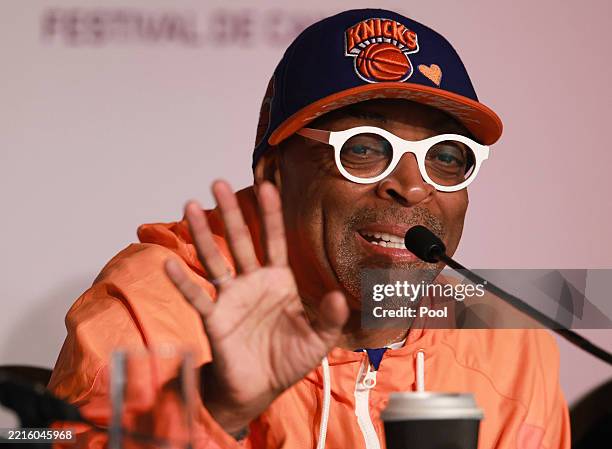 Spike Lee speaks on stage during the"Highest 2 Lowest" press conference at the 78th annual Cannes Film Festival at Palais des Festivals on May 20,...