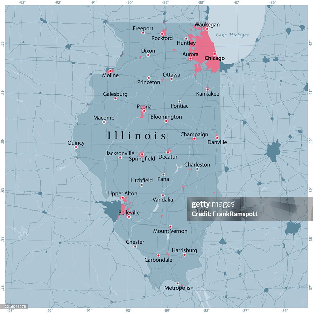 Illinois US State Vector Road Map Grey