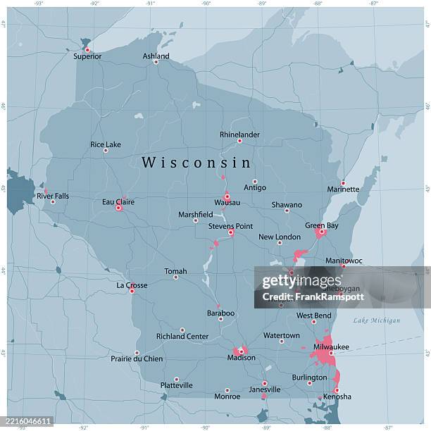 wisconsin us state vector road map grey - la crosse wisconsin river stock illustrations