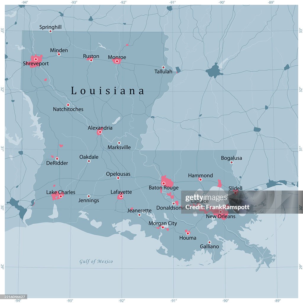 Louisiana US State Vector Road Map Grey