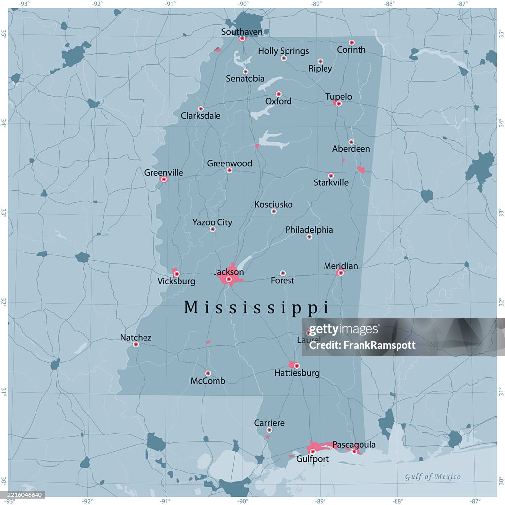Mississippi US State Vector Road Map Grey