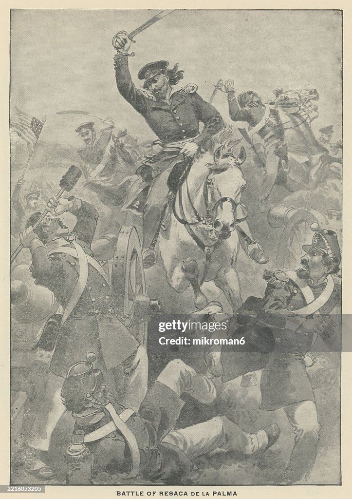 Old engraved illustration of the Battle of Resaca de la Palma, capture of the Mexican batteries by Captain Charles Augustus May (one of the early engagements of the Mexican–American War)