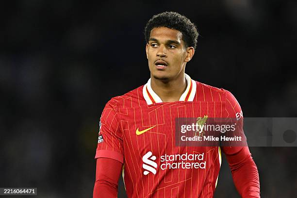 Jarell Quansah of Liverpool looks o during the Premier League match between Brighton & Hove Albion FC and Liverpool FC at Amex Stadium on May 19,...