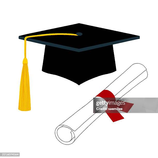 ilustraciones, imágenes clip art, dibujos animados e iconos de stock de dibujo a color de la gorra de graduación y el diploma - birrete