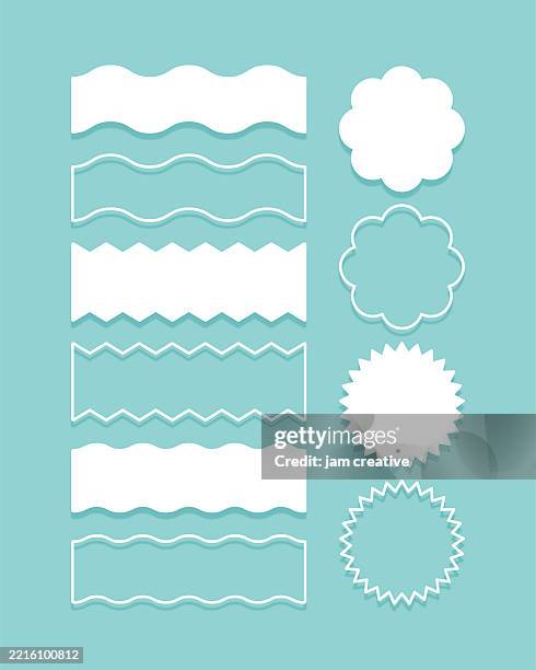 set of white cloud banners and seals on blue background - sky writing stock illustrations