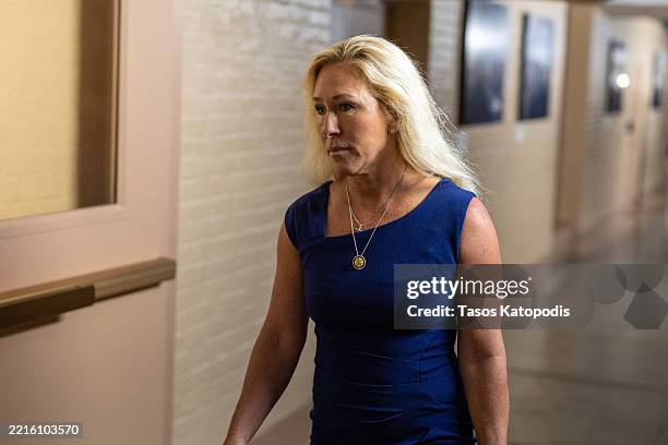 Rep. Marjorie Taylor Greene arrives for a House Republican meeting at the U.S. Capitol on May 20, 2025 in Washington, DC. U.S. President Donald Trump...