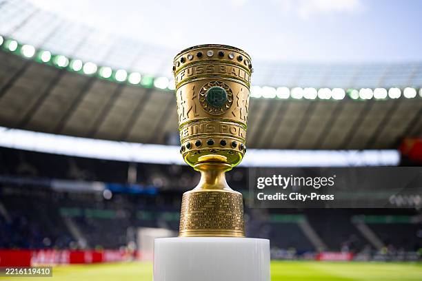 The DFB Cup trophy is seen before the match between DSC Arminia Bielefeld and VfB Stuttgart on May 24, 2025 in Berlin, Germany.