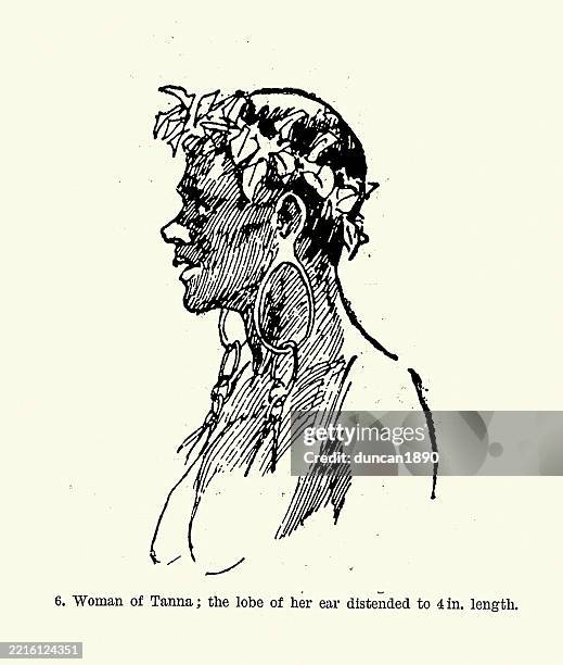native woman of tanna with distended ear lobe, sketches in the the new herbrides, south pacific, victorian, 19th century, vintage illustration, 1880s - earlobe stock illustrations