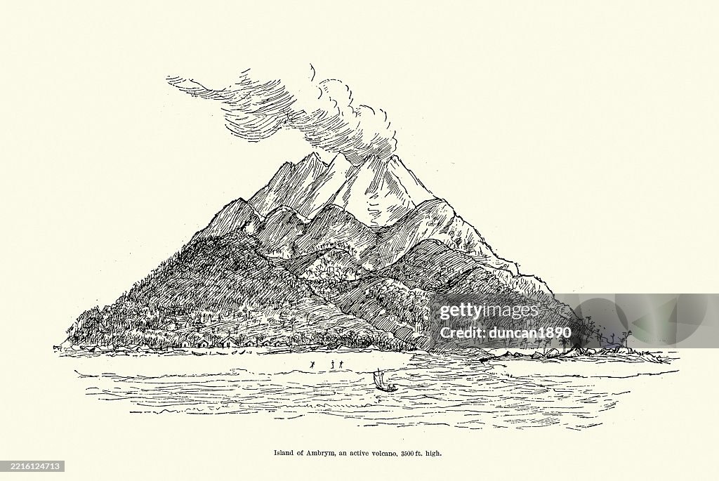 Ambrym, eine Vulkaninsel, Skizzen auf den Neuen Hebriden, Südpazifik, Viktorianisch, 19. Jahrhundert, Vintage-Illustration, 1880er Jahre