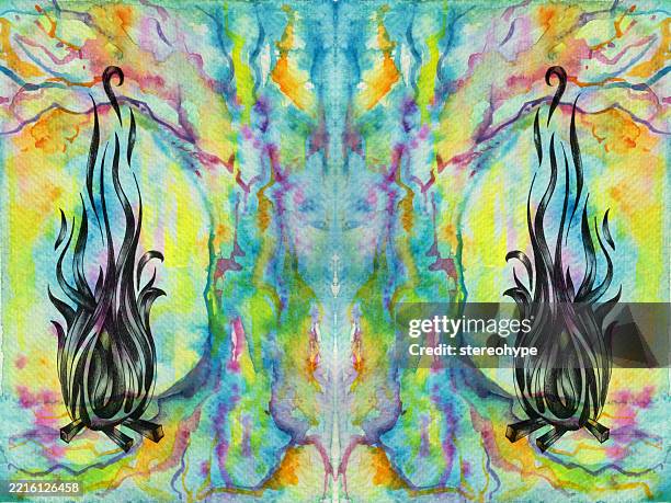 two fires by a tree - fireflies forest stock illustrations