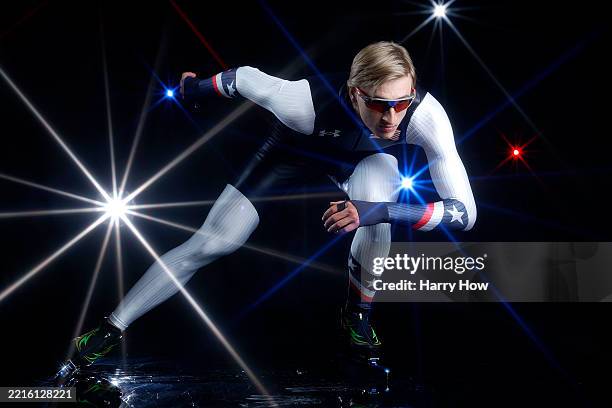 Speed skater Jordan Stolz of the United States poses for a photo during a Team USA Photo Shoot at Sunset Glenoaks Studios on May 20, 2025 in Sun...