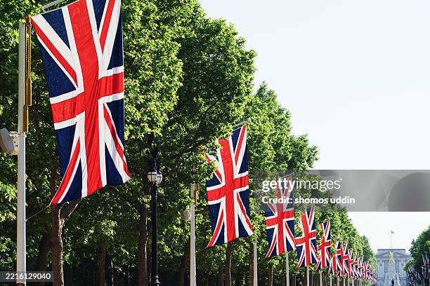 flags of united kingdom - palacio de buckingham fotografías e imágenes de stock