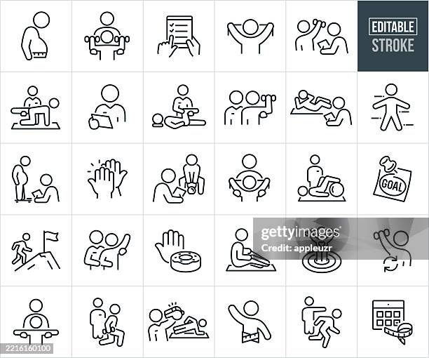 personal trainer thin line icons - editierbarer schlaganfall - icons umfassen einen fitnesstrainer, wellness-coach, übungsspezialisten, physiotherapie, übung, fitness, krafttraining, abnehmen, rehabilitation, kunde, person, gesunder lebensstil, erfolg, u - sporttraining stock-grafiken, -clipart, -cartoons und -symbole