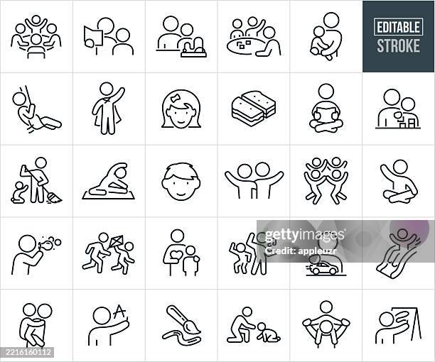 illustrations, cliparts, dessins animés et icônes de garde d’enfants et garderie fine line icons - trait modifiable - les icônes incluent les enfants qui apprennent, les enfants jouent, le travailleur de la garderie, le gardien de la garderie, les enfants, le garçon, la fille, le bambin, bébé, l’appr - picto porte