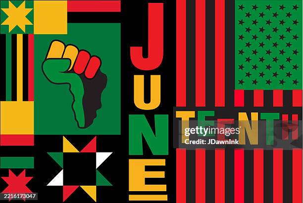 juneteenth freedom day celebration horizontal web banner flag design with fist shaped like african continent - juneteenth illustration stock illustrations