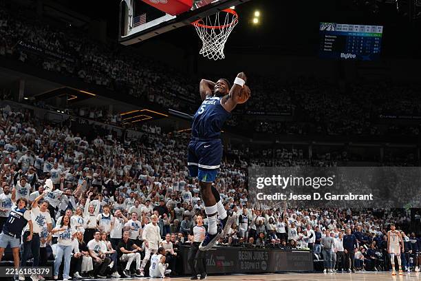 Anthony Edwards of the Minnesota Timberwolves dunks the ball during the game against the Oklahoma City Thunder during Game 3 of the 2025 NBA Western...