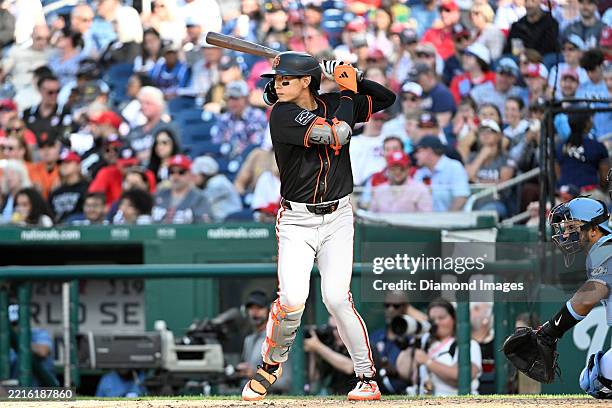 Jung Hoo Lee of the San Francisco Giants bats during the ninth inning of a game against the Washington Nationals at Nationals Park on May 24, 2025 in...