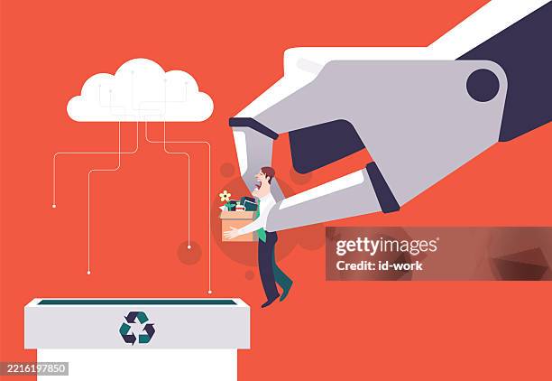 roboterhand trägt entlassenen geschäftsmann zum papierkorb - kündigen stock-grafiken, -clipart, -cartoons und -symbole