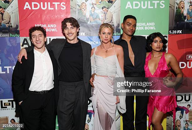 Malik Elassal, Jack Innanen, Lucy Freyer, Owen Thiele, and Amita Rao attend FX's "Adults" premiere event at Highland Park Bowl on May 20, 2025 in Los...