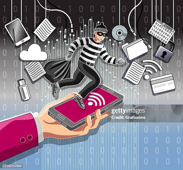 datendieb stiehlt informationen und hardware, um die identität des benutzers zu stehlen, was einen telefonbetrug veranschaulicht - räuber stock-grafiken, -clipart, -cartoons und -symbole