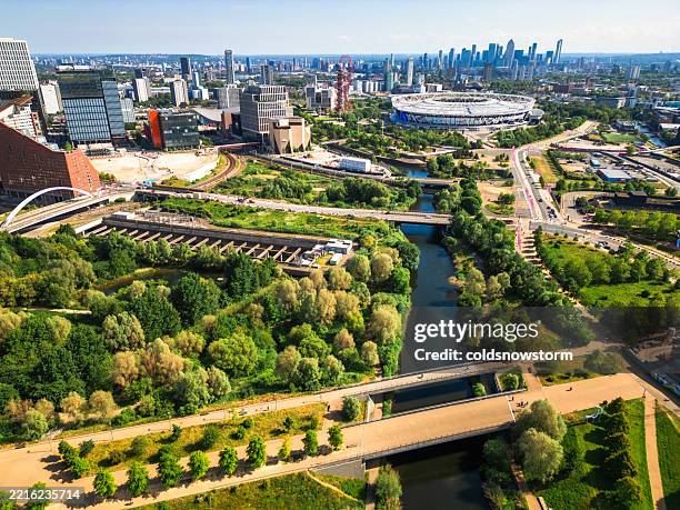 aerial view of stratford in east london, uk - river lea stock pictures, royalty-free photos & images