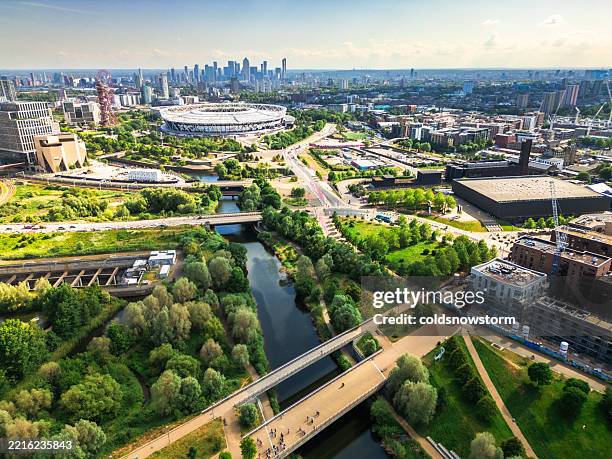 aerial view of stratford in east london, uk - river lea stock pictures, royalty-free photos & images