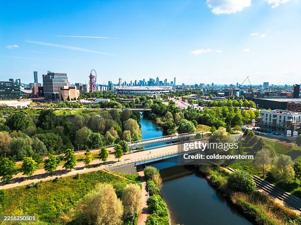 aerial view of stratford in east london, uk - river lea stock pictures, royalty-free photos & images