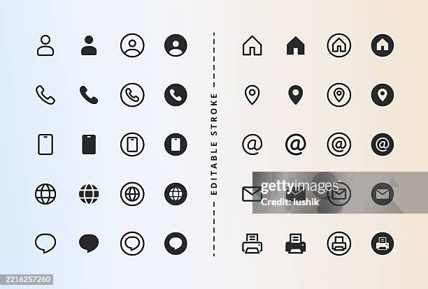 visitenkarten-icon-set. editierbare hubstärke. pixel perfekt. symbole im linien- und volumenkörperstil. - adressbuch stock-grafiken, -clipart, -cartoons und -symbole