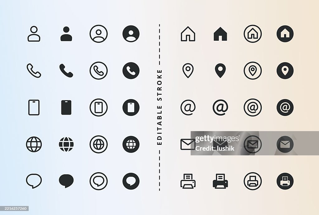Conjunto de iconos de tarjetas de visita. Grosor de trazo editable. Píxel perfecto. Iconos de estilo lineal y sólido.