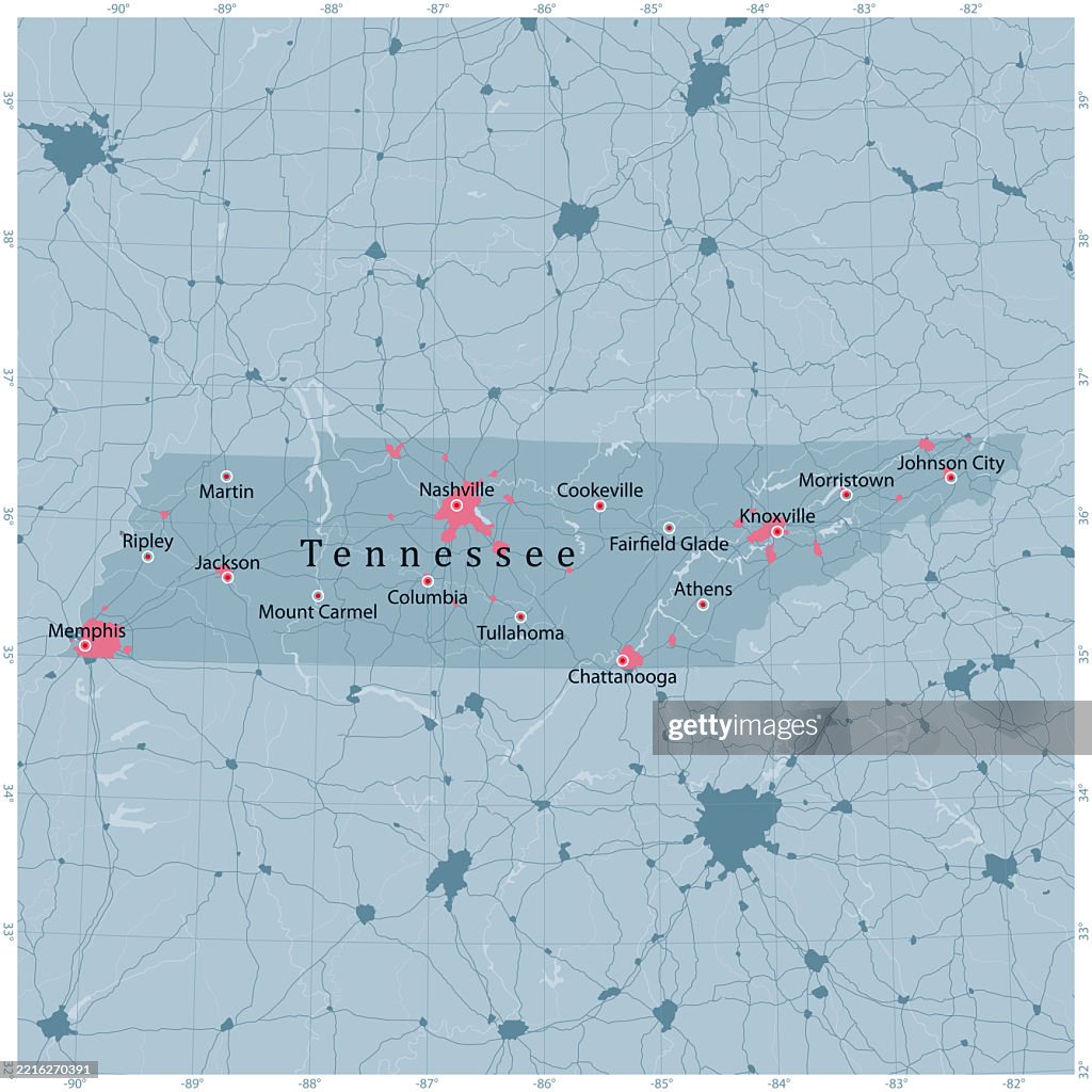 Tennessee US State Vector Road Map Grey