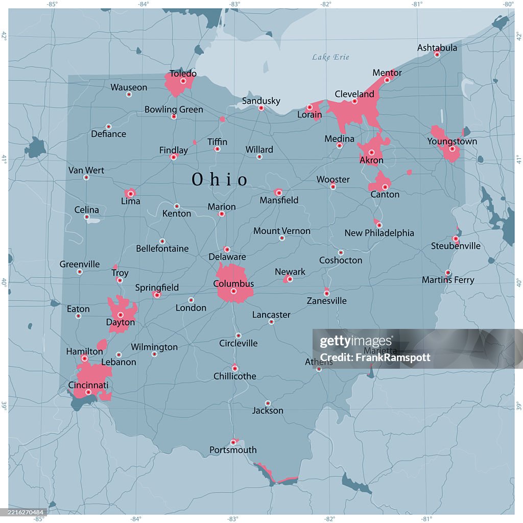 Ohio US State Vector Road Map Grey