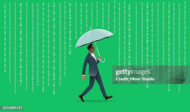 man covering from binary code rain with umbrella - protection umbrella stock illustrations