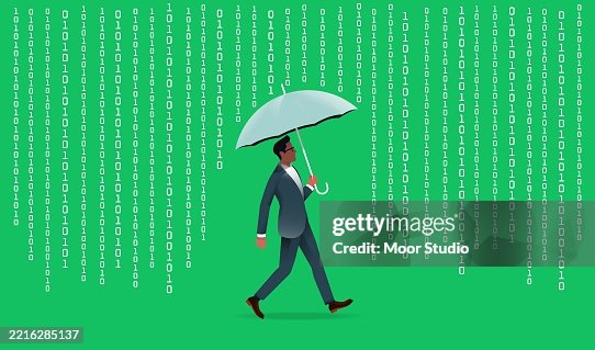 Man covering from binary code rain with umbrella Man covering from binary code rain with umbrella