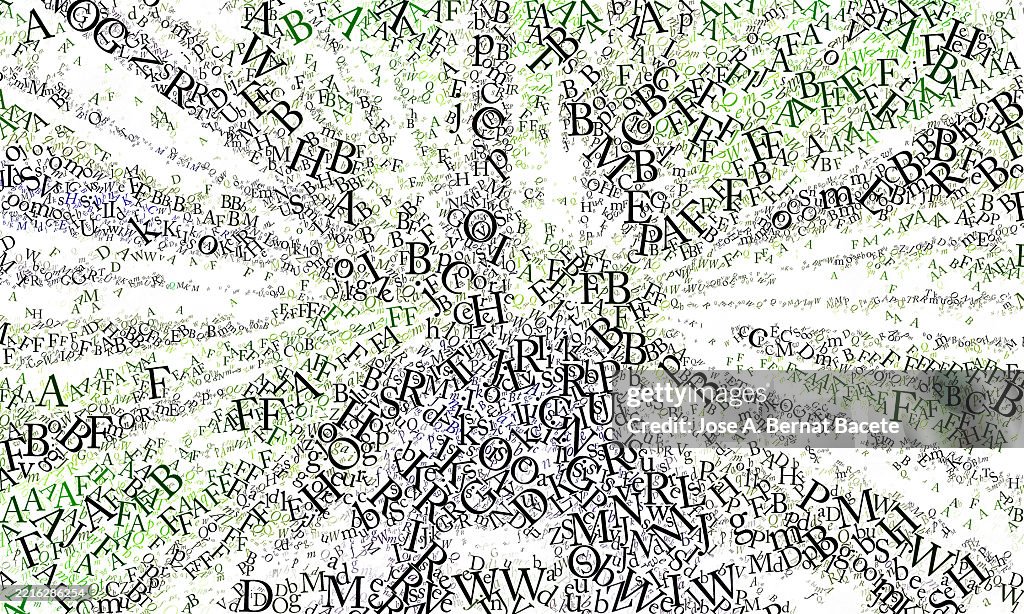 Abstract background, jumbled alphabet letters with vanishing point effect on a white paper.