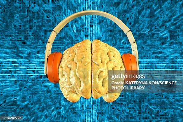 human brain wearing headphones, illustration - frequenz stock-grafiken, -clipart, -cartoons und -symbole