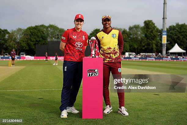 England captain Nat Sciver-Brunt and West Indies captain Hayley Matthews pose for a photo with the Vitality Series Trophy during the 1st Women's...