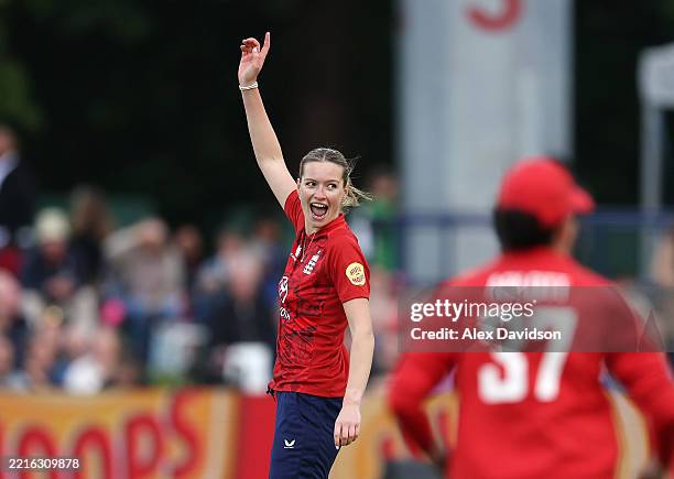 Lauren Bell of England celebrates taking the wicket of Zaida James of West Indies during the 1st Women's Vitality IT20 between England and West...