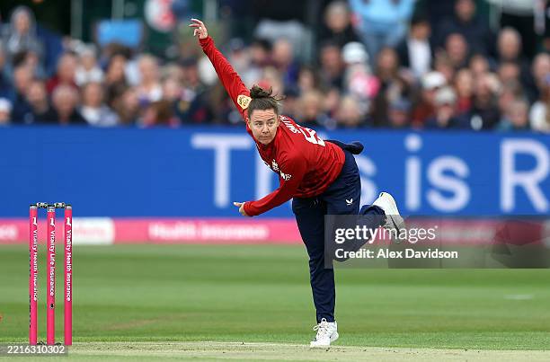 Linsey Smith of England bowls during the 1st Women's Vitality IT20 between England and West Indies at The Spitfire Ground on May 21, 2025 in...