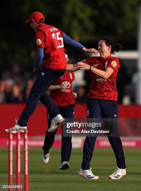 Emily Arlott of England celebrates taking the wicket of Aaliyah Alleyne of West Indies during the 1st Women's Vitality IT20 between England and West...