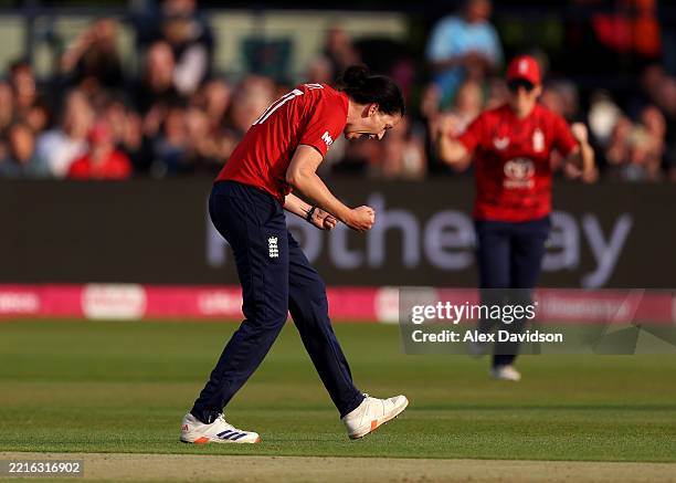 Emily Arlott of England celebrates taking the wicket of Aaliyah Alleyne of West Indies during the 1st Women's Vitality IT20 between England and West...