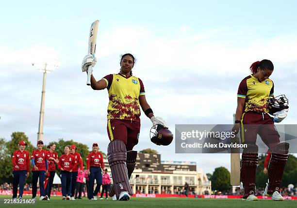 Hayley Matthews of West Indies celebrates reaching her century during the 1st Women's Vitality IT20 between England and West Indies at The Spitfire...
