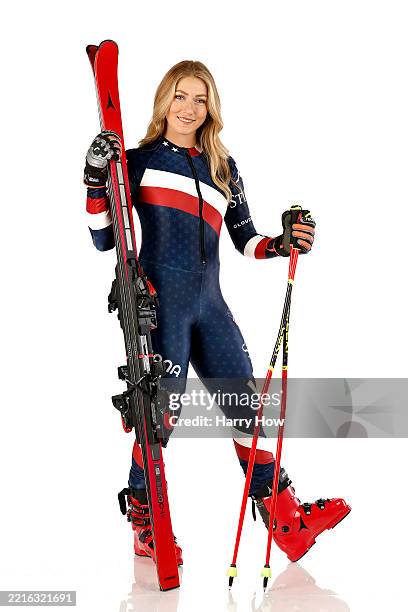 Alpine skier Mikaela Shiffrin of the United States poses for a photo during a Team USA Photo Shoot at Sunset Glenoaks Studios on May 21, 2025 in Sun...