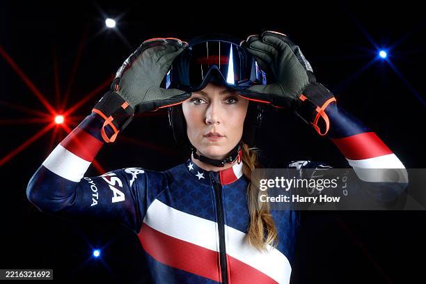 Alpine skier Mikaela Shiffrin of the United States poses for a photo during a Team USA Photo Shoot at Sunset Glenoaks Studios on May 21, 2025 in Sun...