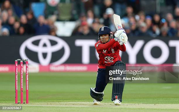 Sophia Dunkley of England bats during the 1st Women's Vitality IT20 between England and West Indies at The Spitfire Ground on May 21, 2025 in...