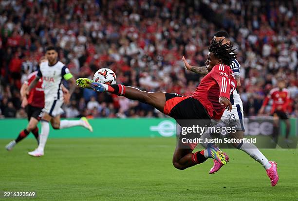 Patrick Chinazaekpere Dorgu of Manchester United leaps for a volley during the UEFA Europa League Final 2025 between Tottenham Hotspur and Manchester...
