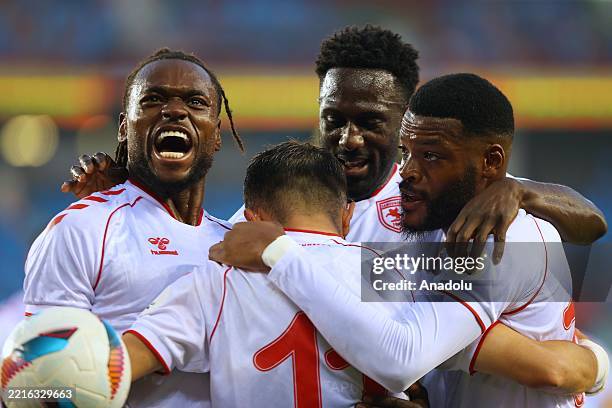 Landry Nany Dimata of Reeder Samsunspor celebrates with teammates after scoring a goal during the Turkish Super Lig week 37 match between Trabzonspor...