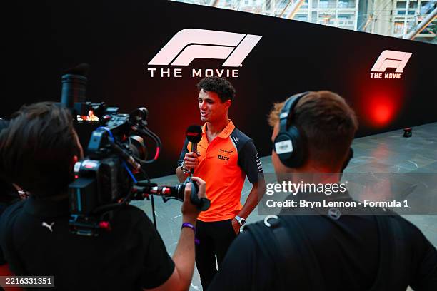 Lando Norris of Great Britain and McLaren is interviewed after attending the private screening of F1® The Movie prior to the F1 Grand Prix of Monaco...