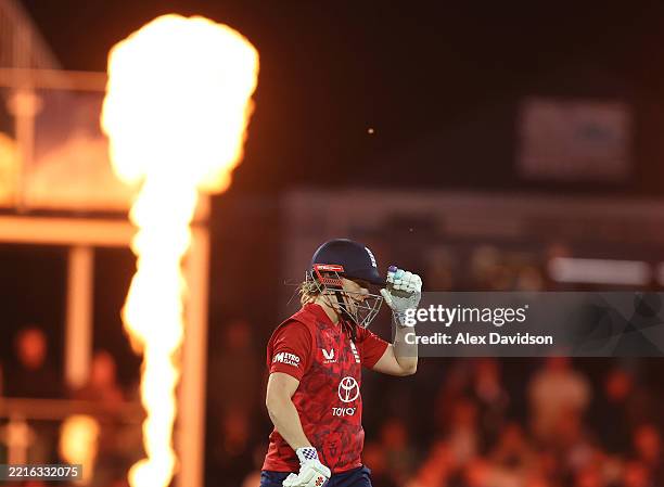 Heather Knight of England bats during the 1st Women's Vitality IT20 between England and West Indies at The Spitfire Ground on May 21, 2025 in...